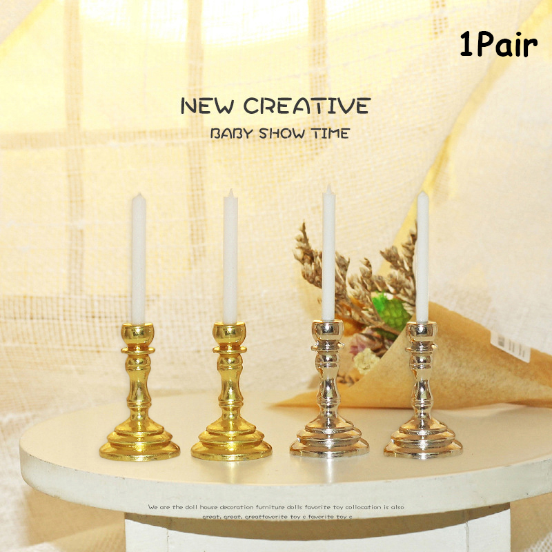 Candle Quotes - เชิงเทียนโลหะจำลองบ้านตุ๊กตา1คู่1/12เทียนจำลองจำลองบ้านตุ๊กตาอุปกรณ์ตกแต่งบ้านตุ๊กตา