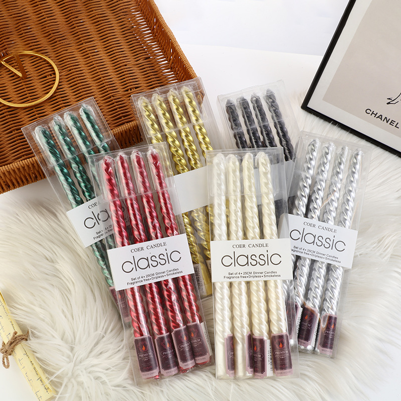 Candle Quotes - เทียนทรงสูงแบบยุโรป 4 ชิ้น พร้อมด้ายสี สำหรับตกแต่งบ้าน งานเลี้ยงอาหารค่ำสุดโรแมนติก