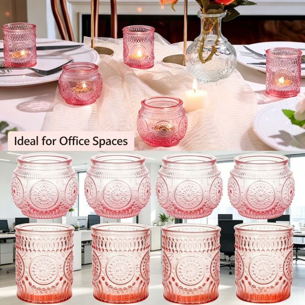 Candle Zero - เชิงเทียนแก้วลายนูนสไตล์วินเทจทรงกระบอก สำหรับใส่เทียนทีไลท์ ตกแต่งโต๊ะงานแต่งงานและบ้านอย่างโรแมนติก
