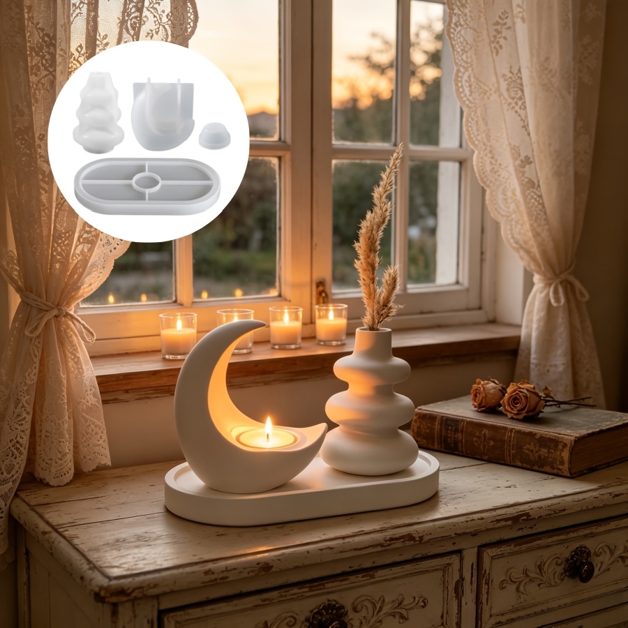 Candle Quotes - ชุด 4 ชิ้น ประกอบด้วยเชิงเทียนรูปพระจันทร์, แจกันสไตล์นอร์ดิก, และถาดทรงรี,